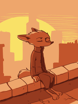 anthro barefoot biped city cityscape clothed clothing feet female sitting solo sun sunset fuel_(artist) disney pack_street zootopia charlie_(weaver) fan_character canid canine fox mammal 2017 hi_res restricted_palette