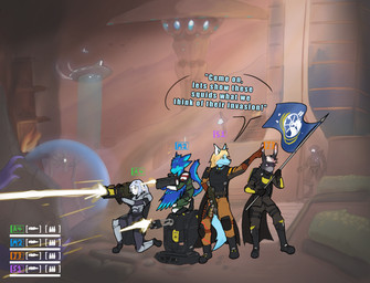anthro armor female game_ui gameplay_mechanics group gun male ranged_weapon weapon velslime helldivers jessi_bunn surfal_hoptokins_(jackhazardous) avali bovid canid canine caprine fox goat humanoid illuminate_(helldivers) lagomorph leporid mammal rabbit teshari vulpkanin hi_res