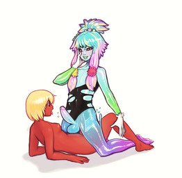 blonde_hair breasts clothing cowgirl_position duo erection femboy from_front_position genitals glistening glistening_body glistening_clothing gloves gynomorph gynomorph/male hair handwear humanoid_genitalia humanoid_penis intersex intersex/male male nipples not_furry on_bottom on_top penis red_body red_skin sex slime small_breasts straddling torn_clothing translucent translucent_body modeseven ami_dixie