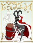 anthro bodily_fluids butt christmas_clothing clothing cum fur genital_fluids genitals grey_body grey_fur holiday_card holidays horn long_ears male merry_christmas penis pubes santa_coat simple_background solo text yellow_eyes jinti christmas jinti_(character) bovid caprine caprine_demon demon goat goat_demon mammal 2022 english_text hi_res