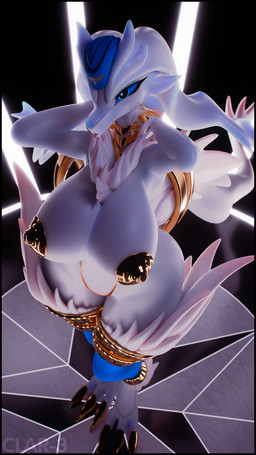 3_toes accessory anthro anthrofied areola big_breasts blue_clothing blue_eyes blue_hat blue_headwear blue_sclera breasts clothing feet female fur furgonomics glowing gold_(metal) gold_areola gold_nipples gold_thong golden_claws hair hands_behind_head hat headgear headwear high-angle_view jewelry long_hair long_tail looking_at_viewer nipples non-mammal_breasts non-mammal_nipples pokemorph ring smile smiling_at_viewer solo standing tail tail_accessory tail_jewelry tail_ring thick_tail thick_thighs thong toes tongue tongue_out underwear white_body white_fur white_hair wide_hipped_anthro wide_hipped_female wide_hips thenicedragon wayvemayker_(modeler) nintendo pokemon shiraume_(wayvemayker) furred_scalie generation_5_pokemon legendary_pokemon pokemon_(species) reshiram scalie 3d_(artwork) 9:16 digital_media_(artwork) full-length_portrait hi_res portrait watermark