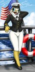 anthro bottomless clothed clothing female footwear genitals high_heels navy navy_hat partially_clothed pussy sea ship shoes solo vehicle water watercraft fish_birb u.s._navy evy_(fish_birb) absurd_res hi_res