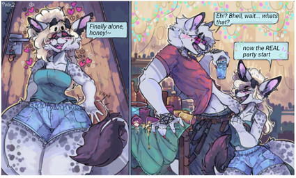alcohol anthro aroused beverage blonde_hair blush clothed clothing detailed_background dialogue doorway drinking drunk duo female fur hair heart_symbol horn male male/female markings party red_eyes spots spotted_body substance_intoxication tail tattoo text undressing_another white_body white_fur wide_hips snowfoxy66 arctic_fox canid canine chimera demon felid fox mammal pantherine snow_leopard true_fox comic digital_media_(artwork) english_text