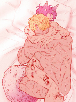 bedding bedding_background bite_mark blonde_hair blood bodily_fluids bruised butt cuddling duo eyes_closed hair hug inner_ear_fluff larger_human larger_male male male/male muscular muscular_human muscular_male nude pillow pointy_ears prick_ears purple_hair scar size_difference slim smaller_humanoid sweat tail tan_body tan_skin tuft soysoakedjelly nu:_carnival kuya_(nu:_carnival) quincy_(nu:_carnival) animal_humanoid canid canid_humanoid canine canine_humanoid fox_humanoid human humanoid mammal mammal_humanoid hi_res