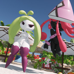 annoyed anthro beach black_body breasts clothing covering covering_breasts covering_crotch covering_self duo_focus female female/female green_hair group hair legwear looking_at_another nipples nude pink_hair plant pseudo_hair shortstack shortstack_female small_breasts stockings thick_thighs white_body wide_hips lorded bluejuicyjuice_(modeler) magnaomega_(modeler) voidwillow_(modeler) fakemon nintendo pokemon background_character deer elemental_creature faunazon flora_fauna generation_7_pokemon legendary_pokemon mammal pokemon_(species) steenee tapu_lele 3d_(artwork) absurd_res digital_media_(artwork) hi_res