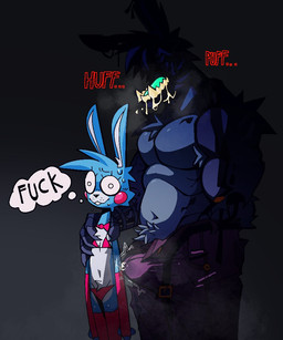 anthro armwear belt belt_buckle bikini bikini_top blue_body blush bodily_fluids bow_tie breath buckle buckteeth bulge chest_tuft clothing drooling duo elbow_gloves eyelashes fangs femboy genital_fluids gloves hand_on_shoulder handwear hot_breath imminent_sex larger_male leaking_precum legwear machine male mechanical_arm multicolored_body musclegut muscular muscular_male navel nervous nervous_sweat open_belt panties panting pecs pink_clothing pink_panties pink_underwear precum precum_through_clothing precum_through_underwear profanity pubes rabbit_ears saliva saliva_string size_difference smaller_male stockings sweat swimwear teal_tongue teeth text thigh_highs thought_bubble throbbing tongue tuft two-piece_swimsuit two_tone_body underwear wet wet_clothing wire xexeezy five_nights_at_freddy's five_nights_at_freddy's_2 scottgames toy_bonnie_(fnaf) withered_bonnie_(fnaf) animatronic lagomorph leporid mammal rabbit robot english_text