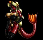 anthro big_breasts biped blonde_hair boots breasts cleavage clothed clothing collar corset female fin footwear glistening hair lingerie looking_at_viewer non-mammal_breasts pose red_eyes shoes solo standing tail thong titanna topwear underwear whip marauder6272 godzilla_(series) toho titanosaurus_(godzilla) kaiju marine