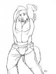 anthro armpit_hair biceps biped body_hair bottomwear bulge claws clothed clothing flexing fur hands_behind_head male muscular muscular_anthro muscular_male nipples pants pecs pose solo standing topless underwear rrowdybeast canid canine canis domestic_dog mammal 2013 hi_res monochrome sketch