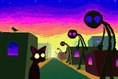 ambiguous_gender anthro black_body building detailed_background group looking_at_viewer outside purple_eyes sky sunset yellow_eyes demensa avian bird corvid corvus_(genus) crow domestic_cat felid feline felis mammal oscine passerine 2022 3:2 digital_media_(artwork) pixel_(artwork)