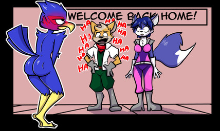 annoyed anthro beak blush bodysuit boots bottomwear butt clothed clothing covering covering_crotch covering_self embarrassed embarrassing_nudity feathers fluffy fluffy_tail footwear gloves group handwear humiliation jacket laugh male nude pants public public_humiliation shoes skinsuit tail tail_feathers text tight_clothing topwear trio birbpan nintendo star_fox falco_lombardi fox_mccloud krystal_(star_fox) avian bird canid canine falcon falconid fox mammal absurd_res english_text hi_res