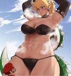 abs alternate_species animal_humanoid big_breasts blonde_hair blue_eyes bowser bowsette_meme breasts breath clothing collar crossgender crown duo female hair hat headgear headwear hi_res horn horned_humanoid human humanoid humanoid_pointy_ears humanoidized larger_female male mammal mario mario_bros meme muscular muscular_female musk nintendo pubes scalie size_difference sky skyscape smaller_male smell solo_focus steam super_crown yotahen