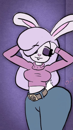 big_eyes blue_eyes bottomwear clothing crop_top dancing denim denim_bottomwear denim_clothing denim_shorts eyeshadow female fur hair hip_sway long_ears long_hair makeup purple_background purple_body purple_fur shirt shorts simple_background solo sweater topwear turtleneck plushii_b lavender_buns lagomorph leporid mammal rabbit 9:16 animated hi_res loop