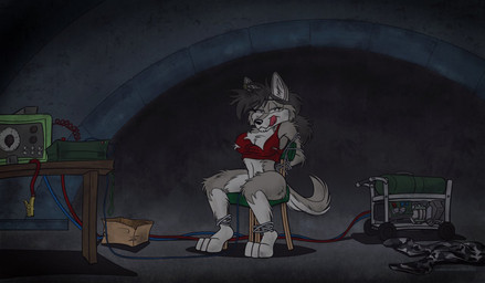 anthro battery bound captured chain female interrogation solo submissive submissive_female torture sierraromeo canid canine canis mammal wolf
