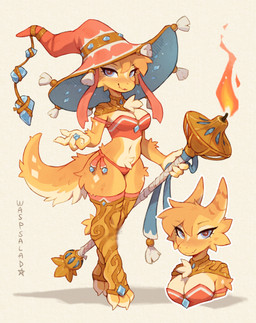 anthro big_hat breasts chest_tuft claws cleavage clothed clothing female fire fur gem hat headgear headwear holding_object holding_weapon legwear looking_at_viewer navel panties simple_background skimpy solo staff text thick_thighs thigh_highs tuft underwear weapon wizard_hat waspsalad furred_kobold furred_scalie kobold scalie 2025 3:4 artist_name detailed digital_drawing_(artwork) digital_media_(artwork) hi_res signature