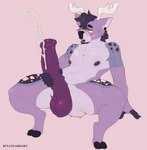 anthro antlers balls big_penis bodily_fluids cum cumshot ejaculation fur genital_fluids genitals hooves horn huge_penis hyper hyper_genitalia hyper_penis leaning leaning_backward male masturbation medial_ring narrowed_eyes penile penile_masturbation penis purple_body purple_fur purple_penis simple_background solo vein veiny_penis bullstarhaku deer mammal absurd_res hi_res