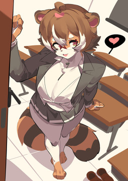 anthro biped bottomwear breasts brown_hair brown_markings chest_tuft classroom clothed clothing countershade_face countershade_fur countershade_hands countershade_torso countershading desk eyewear female female_anthro fully_clothed fur furniture glasses green_eyes hair looking_at_viewer markings multicolored_eyes open_mouth petals pink_eyes pink_inner_ear school skirt smile solo standing suit_jacket table tan_body tan_fur tuft white_body white_countershading zipper aspirindabaitu potatotanuki_(potatoximon) canid canine mammal raccoon_dog tanuki 2025 absurd_res colored hi_res