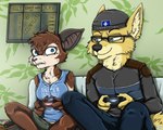 anthro blue_eyes bodily_fluids brown_body brown_fur controller duo eyewear female fur furniture game_controller glasses male sitting sofa sweat wings yellow_body yellow_fur ziegelzeig bad_guy_cafe sully_kerrigan xavior bat canid canine canis mammal wolf 2022