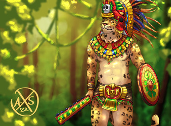 anthro armor aztec clothed clothing club_(weapon) forest fur gold_(metal) gold_jewelry jewelry jungle male melee_weapon muscular muscular_male plant shield solo tan_body tan_fur tree warrior weapon alphasabre american_mythology aztec_mythology mesoamerican_mythology mythology felid jaguar mammal pantherine