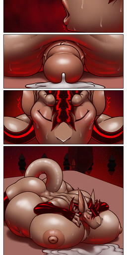 abdominal_bulge after_orgasm anthro big_breasts big_penis bodily_fluids breasts cum female genital_fluids genitals gynomorph huge_breasts huge_penis hyper hyper_breasts hyper_genitalia hyper_penis intersex mature_female penis same_size_vore solo sweat vore james_howard patreon subscribestar tina's_mom_(james_howard) demon absurd_res comic hi_res