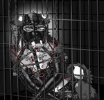 abuse anthro armwear bdsm blood blood_on_face bodily_fluids bondage bound clothing cuff_(restraint) ear_piercing facial_piercing handcuffs harness latex latex_armwear latex_clothing male metal_cuffs nose_piercing nosebleed piercing restraints solo torture uselesspuppy canid canine canis domestic_dog mammal hi_res