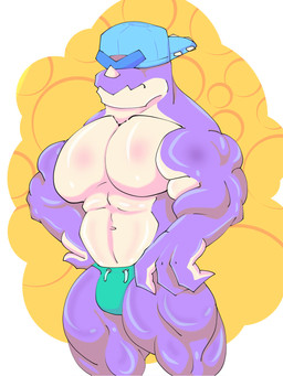 anthro athletic backwards_hat bikini_thong bulge clothing grumpy hand_on_hip hat headgear headwear male muscular pecs simple_background solo swimwear kyoru678 brawl_stars supercell_(company) pierce_(brawl_stars) dinosaur prehistoric_species reptile scalie hi_res