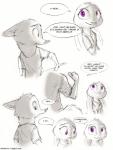2017 absurd_res anthro canid canine clothed clothing comic dialogue disney duo ellipsis english_text female fox green_eyes hi_res judy_hopps lagomorph leporid male mammal nick_wilde partially_colored purple_eyes rabbit red_fox simple_background speech_bubble sprinkah text true_fox url white_background zootopia