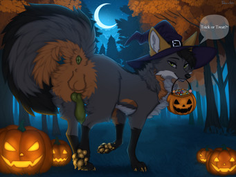 animal_genitalia animal_penis anus balls black_nose brown_balls canine_genitalia canine_penis claws clothing feral fur genitals green_anus green_claws green_eyes green_pawpads green_penis grey_body grey_fur hat headgear headwear holidays knot male pawpads penis sheath solo tail_anus text witch_hat a.o.kigahara_(artist) taka_(artist) halloween fin_the_fox canid canine fox mammal english_text hi_res