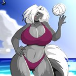 anthro ball beach big_breasts breasts cleavage clothed clothing cloud female fur hair hair_over_eye hand_on_hip one_eye_obstructed purple_clothing sea seaside sky solo volleyball_(ball) water chrisandcompany kelsey_sienna mammal mephitid skunk 1:1 2022 absurd_res hi_res