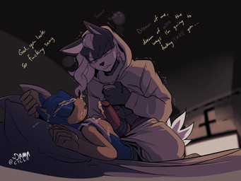 animal_genitalia animal_penis anthro bed black_body black_fur bodily_fluids bottomwear bottomwear_down canine_genitalia canine_penis clothed clothing cum cum_on_body cum_on_face cum_on_penis dialogue duo ejaculation erection eyes_closed fur furniture genital_fluids genitals hair half-closed_eyes hand_on_penis heterochromia kneeling knot lying male male/male masturbation narrowed_eyes on_back on_bed open_mouth pants pants_down partially_clothed penile penile_masturbation penis pillow raised_clothing raised_topwear sleep_molestation sleeping stalker tail text topwear toodamncycle sega sonic_forces sonic_the_hedgehog_(series) infinite_(sonic) sonic_the_hedgehog canid canine canis eulipotyphlan hedgehog jackal mammal absurd_res digital_media_(artwork) english_text hi_res