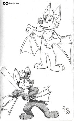 anthro closed_smile fangs featureless_crotch glistening glistening_eyes hair holding_bat logo male membrane_(anatomy) membranous_wings mouth_closed nude short_hair simple_background smile solo teeth winged_arms wings young young_anthro young_male pandapaco bat mammal artist_logo hi_res monochrome signature sketch_page