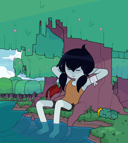 ambiguous_gender barefoot bottomwear clothed clothing detailed_background duo feet female feral grass hair humanoid_pointy_ears not_furry pigtails plant pointy_ears shirt shorts sitting smile toony topwear tree water willow_tree discount-supervillain adventure_time cartoon_network marceline_abadeer amphibian demon frog humanoid mammal digital_media_(artwork)