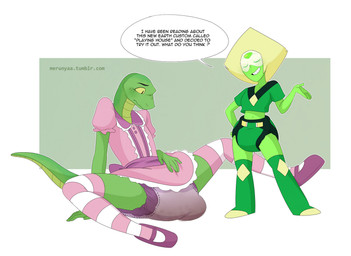 asking asking_another asking_for_opinion asking_what bow_(feature) bow_in_back clean_diaper clothed clothing clothing_bow crossdressing dialogue diaper diaper_under_clothing duo exposed_diaper feces femboy green_body green_skin location_in_dialogue question scatplay smile soiled_diaper soiling speech_bubble talking_to_another text unclean_diaper used_diaper waist_bow wearing_diaper merunyaa cartoon_network steven_universe peridot_(steven_universe) alien alien_humanoid gem_(species) humanoid lizard peridot_(gem_species) reptile scalie digital_media_(artwork) english_text url