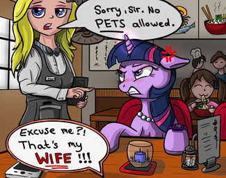 angry blonde_hair blue_eyes blush bow_tie chef_hat clothing colored_nails detailed_background dialogue eating eyelashes female feral food furniture hair hat headgear headwear hooves horn inside jewelry nails necklace noodles public pupils purple_body purple_eyes ramen speech_bubble table text waiter wife celsian friendship_is_magic hasbro my_little_pony mythology twilight_sparkle_(mlp) equid equine human mammal mythological_creature mythological_equine unicorn 2022 hi_res