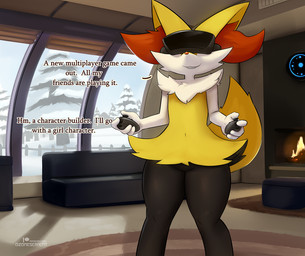 4_fingers :3 ambiguous_gender anthro biped black_body black_fur detailed_background dialogue fingers fur multicolored_body multicolored_fur orange_body orange_fur shadow smile solo standing tail teeth text vr_controller vr_headset white_body white_fur yellow_body yellow_fur yellow_tail ozoneserpent nintendo pokemon braixen generation_6_pokemon pokemon_(species) 2026 digital_media_(artwork) english_text male_(lore)