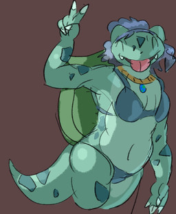 ^_^ anthro bikini blue_hair breasts claws cleavage clothed clothing eyes_closed fangs female finger_claws gesture green_body hair hand_gesture jewelry markings navel necklace open_mouth open_smile partially_clothed short_tail slightly_chubby slightly_chubby_female smile solo swimwear tail teeth thick_tail tongue tongue_out two-piece_swimsuit v_sign willowisp_(artist) nintendo pokemon ivy_(willowisp) bulbasaur generation_1_pokemon pokemon_(species) hi_res