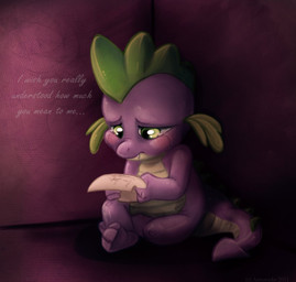 3_toes 4_fingers anthro big_head biped bodily_fluids crossed_legs crying dialogue ellipsis fangs feet fingers frown holding_object male note nude purple_body purple_skin reading sad sitting solo spade_tail tail tears teeth text toes reoisready friendship_is_magic hasbro my_little_pony mythology spike_(mlp) dragon mythological_creature mythological_scalie scalie 2011 english_text hi_res