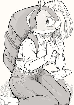 accessory anthro backpack bottomwear bracelet clothing female hair hair_accessory hairband jewelry pants shirt solo topwear hantennano my_hero_academia ippan_josei mammal quirked_human_(my_hero_academia) hi_res