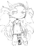 annoyed anthro black_and_white bottomwear claws clothed clothing demon doneru fur hair hand_on_hip head_wings loincloth looking_at_viewer male monochrome navel pants simple_background sketch sketchy solo tail topless unknown_species white_background wings