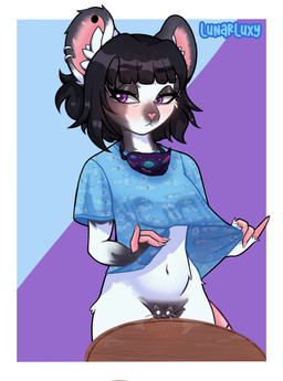 anthro black_hair blush clitoris clothing ear_piercing eyelashes female genitals hair pajamas piercing simple_background sleepwear solo vulva lunarluxy peanuts_(comic) pussy-cat_(meme) luxy_mouse snoopy mammal mouse murid murine rodent absurd_res hi_res