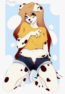 anthro bottomwear breasts brown_claws brown_eyelids brown_eyes brown_markings brown_nose claws clothed clothing crop_top eyelashes female fingers floppy_ears front_view fur hair kneeling long_hair looking_at_viewer markings medium_breasts multicolored_hair navel open_bottomwear open_clothing open_mouth open_shorts orange_hair panties red_clothing red_hair red_panties red_underwear shirt shorts smile solo spots spotted_body spotted_fur topwear two_tone_hair underwear white_body white_fur yellow_clothing yellow_crop_top yellow_shirt yellow_topwear bambolbi canid canine canis dalmatian domestic_dog mammal 2024 colored digital_drawing_(artwork) digital_media_(artwork) full-length_portrait hi_res portrait shaded