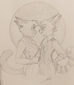 4_fingers anthro arm_markings bottle bottomwear cheek_tuft chest_tuft circle_background clothed clothed_anthro clothed_male clothing collared_shirt container duo eye_contact eyebrows facial_tuft fingers fully_clothed fully_clothed_anthro fully_clothed_male fur glass_bottle hand_in_pocket hand_on_another's_back hand_on_back head_tuft holding_bottle holding_container holding_object inner_ear_fluff jacket looking_at_another male male/male male_anthro markings narrowed_eyes necktie pants pockets shirt side_view simple_background smile standing striped_arms striped_body striped_fur striped_markings striped_tail stripes suit_jacket tail tail_markings topwear tuft vest whiskers cafeabril lackadaisy dorian_zibowski sedgewick_sable domestic_cat felid feline felis mammal 2023 graphite_(artwork) hi_res monochrome portrait signature three-quarter_portrait traditional_media_(artwork)
