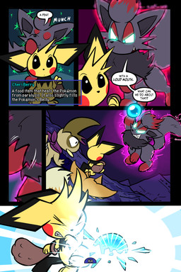 5_panel_comic ambiguous_gender bag bandage black_cape black_clothing black_eyes black_text blue_eyes blue_text brown_body brown_fur brown_hair cape cheek_spots cheek_tuft clenched_teeth closed_smile clothing detailed_background dialogue dot_pupils eyebrows facial_tuft feral floating fluffy fluffy_tail fur gameplay_mechanics glowing group hair inner_ear_fluff kerchief looking_at_another motion_lines mouth_closed open_mouth open_smile orb page_number paws pupils purple_eyes purple_kerchief quadruped question_mark red_cheeks sharp_teeth smile sound_effects speech_bubble tail talking_to_another teeth text text_box toony tuft tusks white_sclera white_text yellow_body virmir nintendo pokemon pokemon_mystery_dungeon spike_chunsoft medik_jackal virmir_(character) zinc_(zincxiron) axew eevee generation_1_pokemon generation_2_pokemon generation_5_pokemon pichu pokemon_(species) zorua 2026 2:3 absurd_res comic english_text hi_res male_(lore)