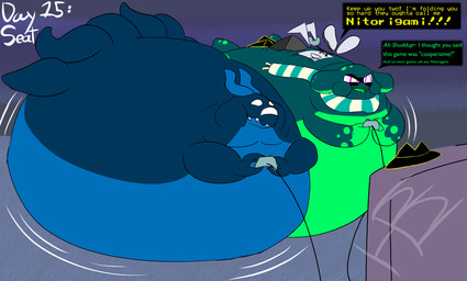 belly big_belly blue_body controller dialogue electronics empty_eyes game_controller green_body green_text huge_belly hyper hyper_belly motion_lines no_pupils obese overweight purple_eyes television text weight_gain yellow_text imhiddenhare cozzy_(character) lix_(imhiddenhare) nito_(imhiddenhare) alien 2025 english_text hi_res