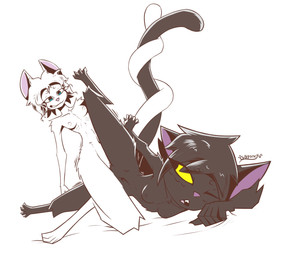 4_toes 5_fingers anthro anthro_on_anthro biped black_body black_fur black_hair blue_eyes breasts duo entwined_tails eyeliner feet female female/female female_anthro fingers fur hair hand_holding makeup messy_hair naturally_censored navel nipple_tuft nude nude_anthro nude_female pink_nose sex short_hair simple_background small_breasts tail tail_coil thick_thighs toes tribadism tuft vaginal white_background white_body white_fur white_hair wide_hips yellow_eyes gatonejo mono_(gatonejo) teresa_desalvo_(gatonejo) domestic_cat felid feline felis mammal 2026 absurd_res digital_drawing_(artwork) digital_media_(artwork) hi_res signature
