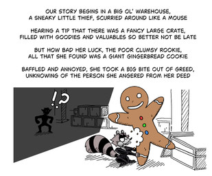 anthro black_body black_fur black_latex black_tail_ring boots breasts cleavage clothed clothed_anthro clothed_female clothing cookie duo eating eating_cookie eating_food exclamation_point female food footwear fully_clothed fully_clothed_anthro fully_clothed_female fur gingerbread_cookie gingerbread_man grey_body grey_fur high_heeled_boots high_heels holidays latex multicolored_body multicolored_fur narration rhyme rhyming shoes silhouette silhouetted_body storybook tail text thief warehouse diegutan christmas uva_the_raccoon christmas_elf elf mammal procyonid raccoon 2025 aliasing binary_drawing digital_drawing_(artwork) digital_media_(artwork) english_text hi_res