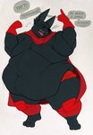 2019 angry anthro belly big_belly big_moobs black_body black_fur bodily_fluids cape cartoon_network clothing dialogue digital_drawing_(artwork) digital_media_(artwork) domestic_cat english_text felid feline felis flabby_arms fur gesture gloves green_eyes hand_gesture handwear hi_res highlandheifer_(artist) looking_aside male mammal mao_mao:_heroes_of_pure_heart moobs navel obese obese_male onomatopoeia open_mouth overweight overweight_anthro overweight_male pointing pointing_up sharp_teeth sheriff_mao_mao_mao simple_background solo sound_effects speech_bubble standing sweat teeth text thick_thighs white_background