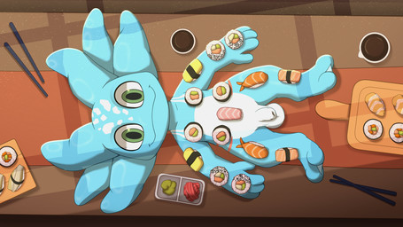 balls blue_body body_sushi chopsticks flaccid food food_fetish food_play furniture genitals humanoid_genitalia humanoid_penis looking_at_viewer lying male nude on_back on_table penis smile solo sushi table nutty_bo league_of_legends riot_games tencent fizz_(lol) aquatic mammal yordle hi_res