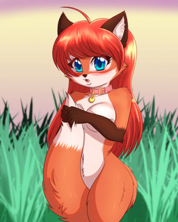 anthro big_breasts blue_eyes blush breast_squish breasts brown_body brown_fur cheek_tuft collar collar_only covering covering_crotch dipstick_tail facial_tuft female fur gloves_(marking) grass hair holding_own_tail holding_tail long_hair looking_at_viewer markings navel nude nude_anthro nude_female open_mouth orange_body orange_fur pink_collar plant red_hair sky solo squish tail tail_between_legs tail_markings tuft white_body white_fur docsye canid canine fox mammal hi_res