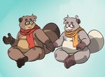 4_toes andythetanuki andythetanuki_(character) anthro belly canid canine duo feet franook franpaccio hand_holding hi_res male male/male mammal overweight overweight_male paws raccoon_dog scarf slightly_chubby tanuki toes