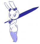 2018 anthro armband band-aid bandage clothing digital_media_(artwork) disfigure earband female flat_chested frown glare kylma lagomorph legwear leporid mammal melee_weapon monochrome mostly_nude navel pose pubes rabbit scut_tail short_tail simple_background solo spikes sword tail thigh_highs weapon white_background